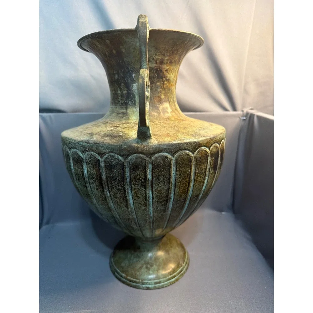 Vintage Brass Urn Vase Verdigris Patina Fluted Metal Vessel Ornate Handles